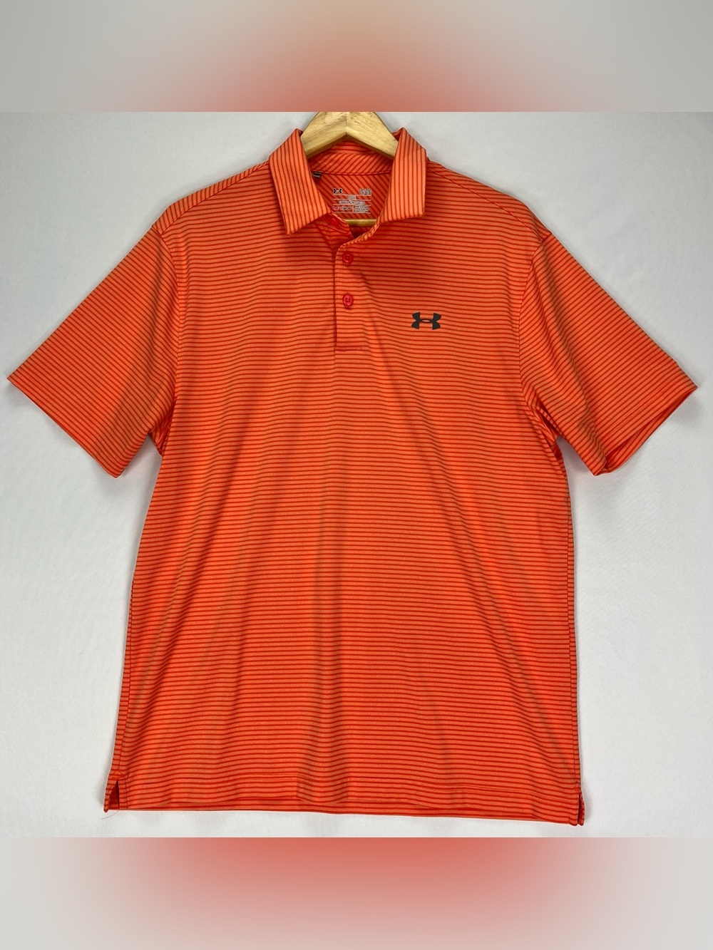 Under Armour Polo Men’s Large Loose Fit Orange Stripe Soft Stretch Heat Gear